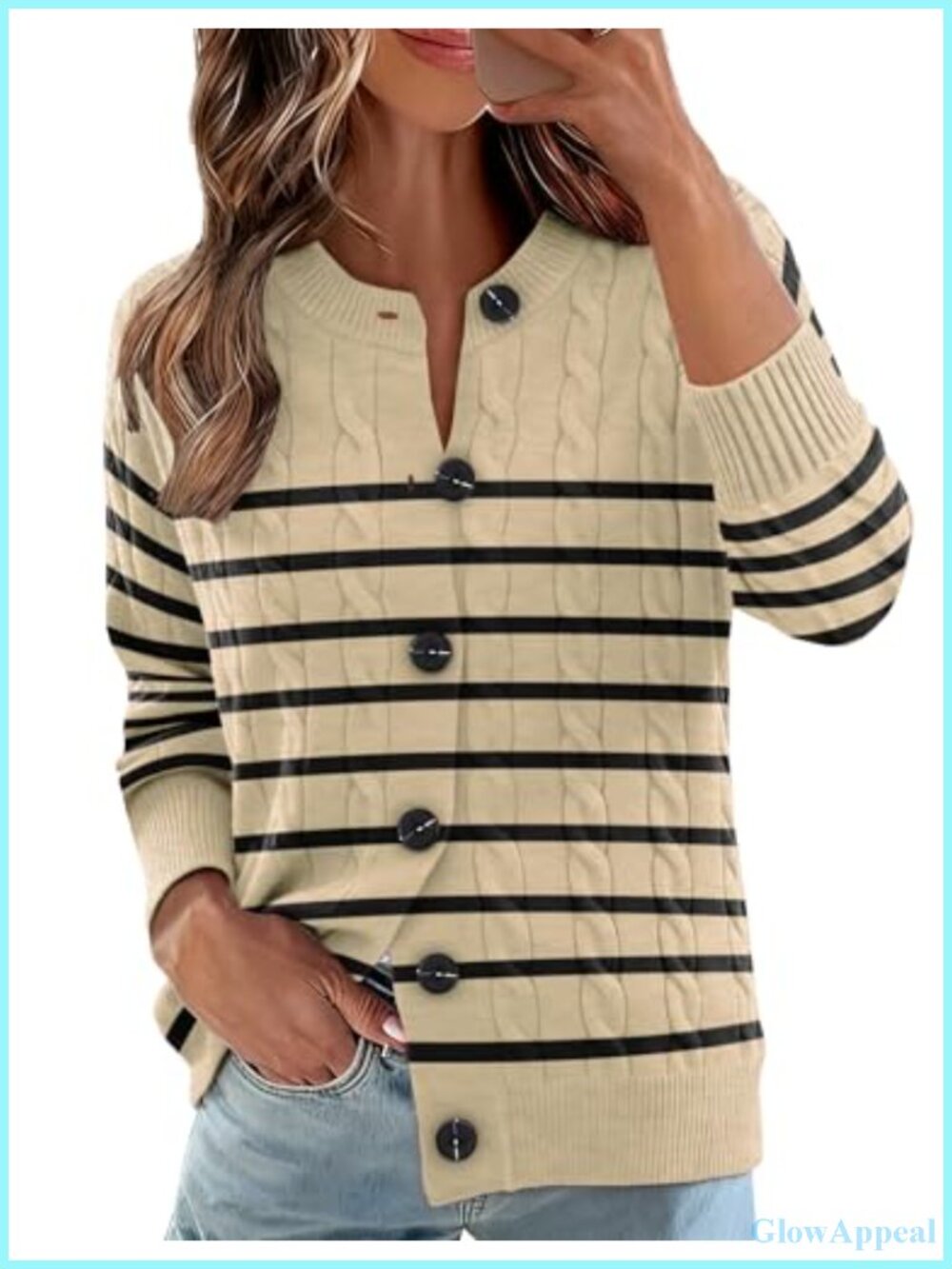 Women's Cable Knit Cardigan Sweater Long Sleeve Button Up Lightweight Crewneck